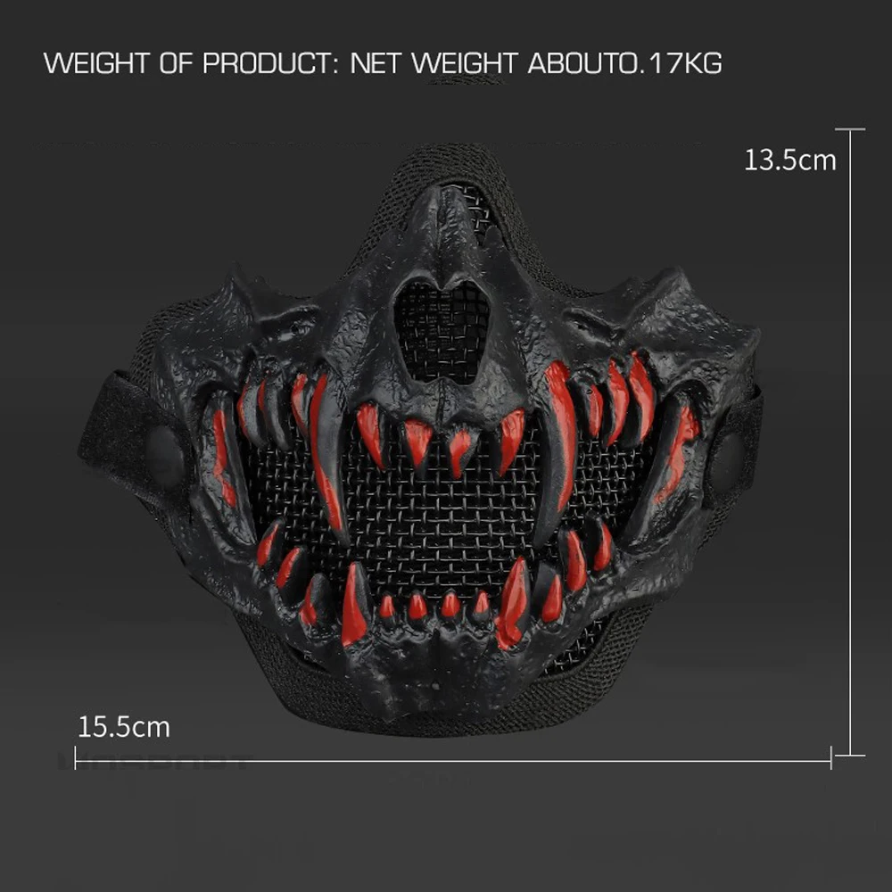 Mascarilla facial Airsoft, malla de acero transpirable, Paintball CS, juego de guerra, máscaras protectoras ajustables, colmillos de Cosplay para Halloween, accesorios de terror - imagen 2