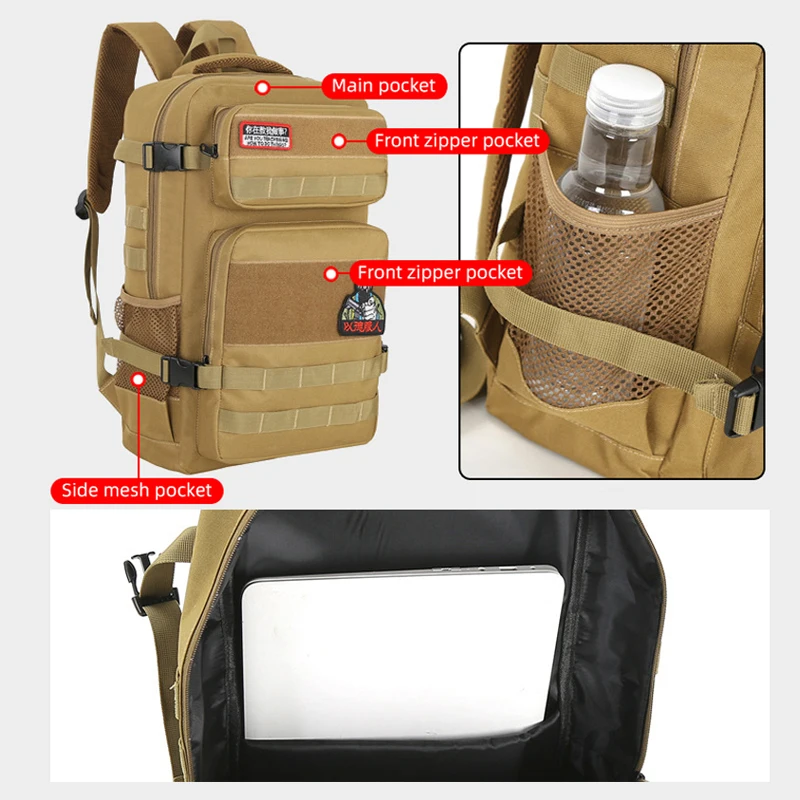 Mochila táctica de escalada para deportes al aire libre, paquete de senderismo y acampada, bolsa de senderismo, sujetadores de gancho y bucle, sistema láser Molle para hombres - imagen 5