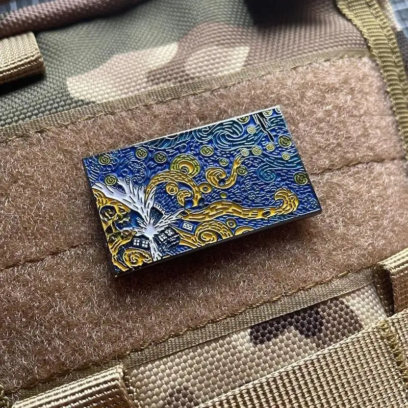 Van Gogh-pintura 3D de Metal pintado con gancho y bucle, brazalete artístico, estrella, cielo, Luna, noche, moral, insignia en la mochila, pegatina decorativa