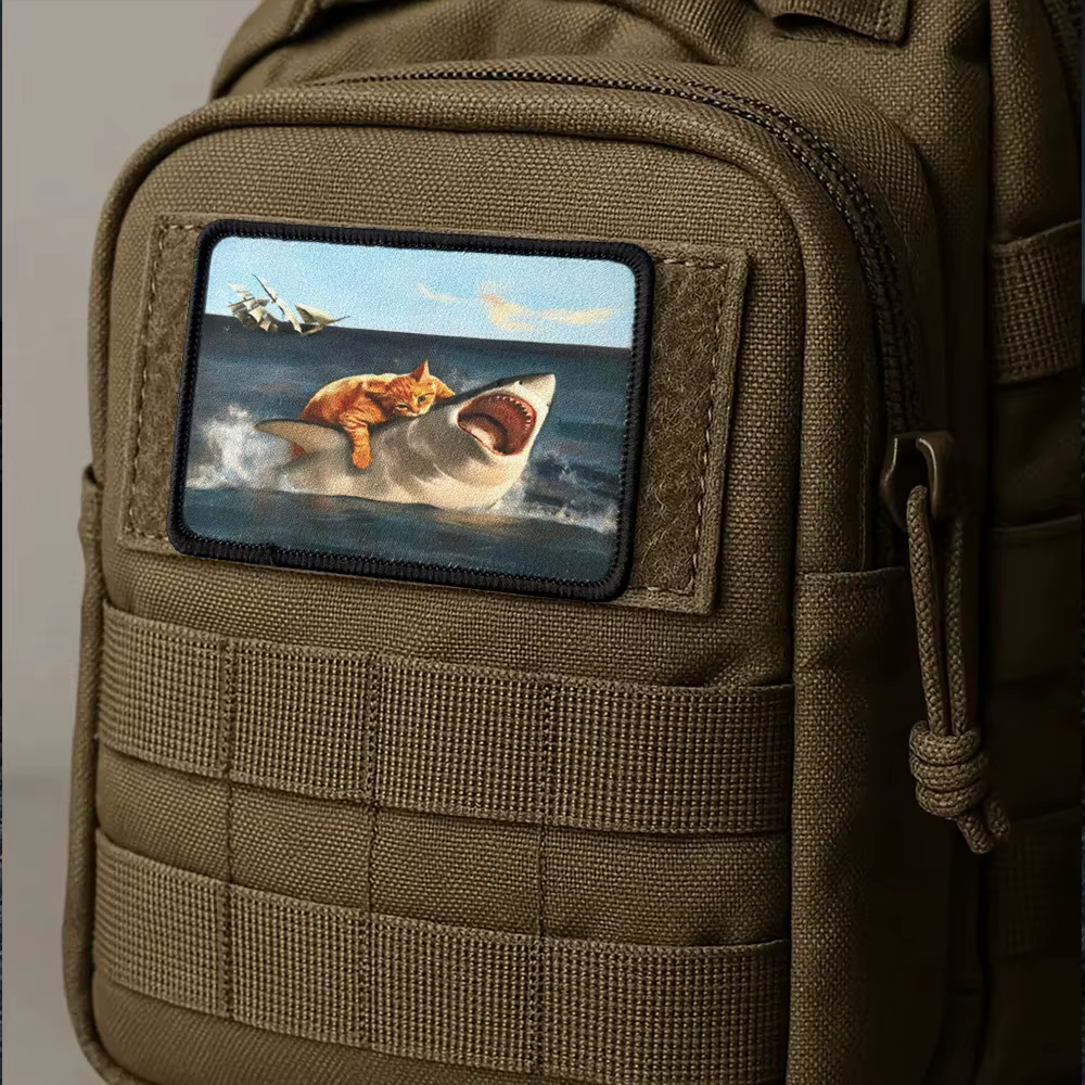 Parche táctico velcro gato montando tiburón – Meme surrealista mochila - imagen 2