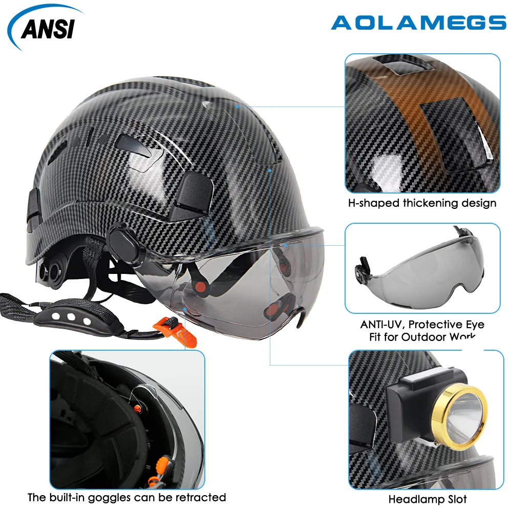 Casco de seguridad de fibra de carbono CE con orejeras, gafas dobles, casco duro de construcción ABS para ingeniero, gorra de trabajo de alta calidad ANSI - imagen 5