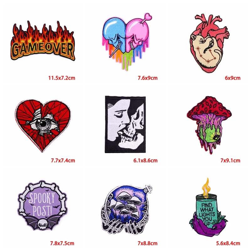 10 unids/lote Horror Punk/cráneo bordado parche fuego dinosaurio cinta parche hierro en parches para ropa parches termoadhesivos DIY - imagen 2