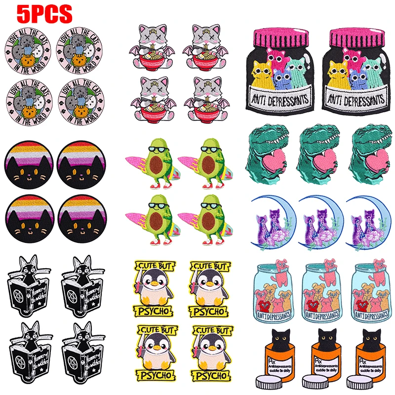5 uds. Parches bordados de animales, gatos y dinosaurios, parche de dibujos animados, parches termoadhesivos para planchar para ropa, parches para ropa DIY