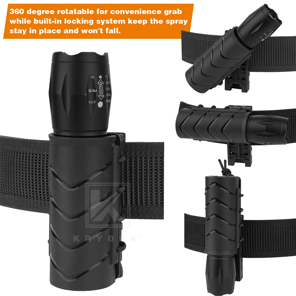 Soporte para linterna KRYDEX, funda rígida para linterna, funda de transporte ligera táctica, bolsa para cinturón de servicio, equipo táctico negro giratorio 360 - imagen 3