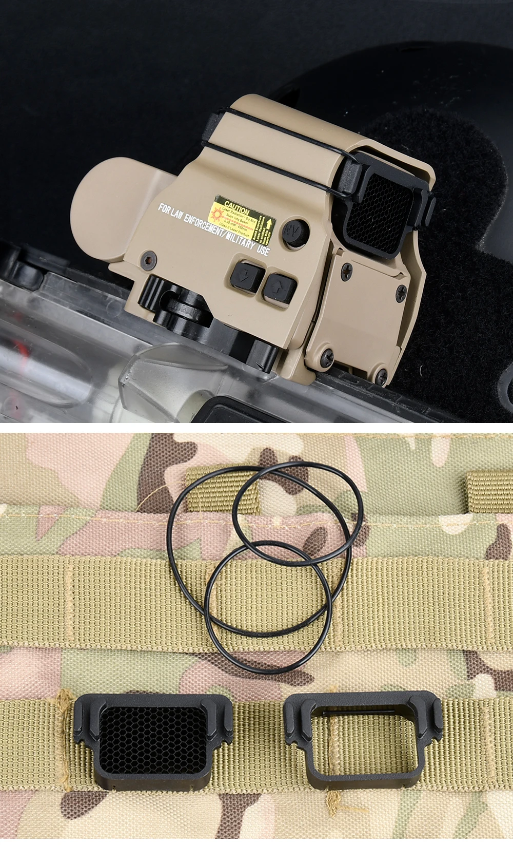 Una cámara está unida a una correa y está encima de una correa de camuflaje