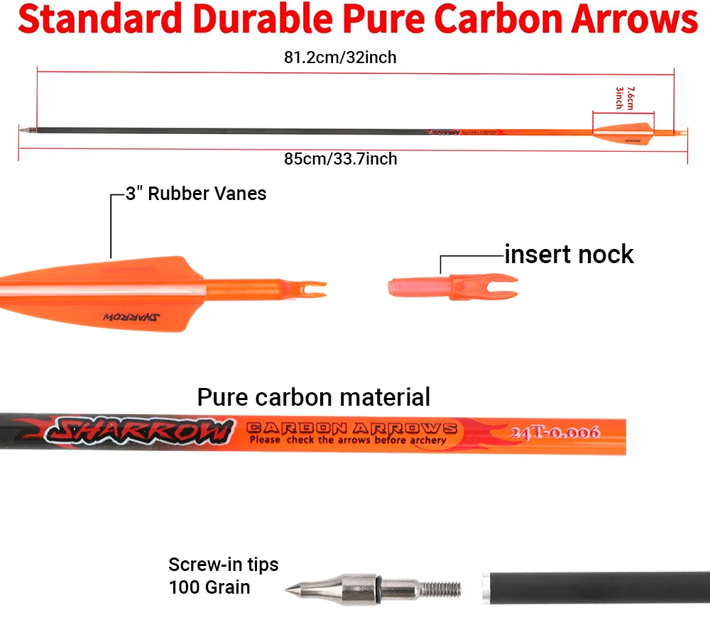 Flecha de carbono puro para columna vertebral, 6/12 Uds., 300 ID, 6,2mm, 100gr, inserto de punta de flecha, Nock, eje de 32 pulgadas para entrenamiento de arco, accesorios de caza - imagen 4