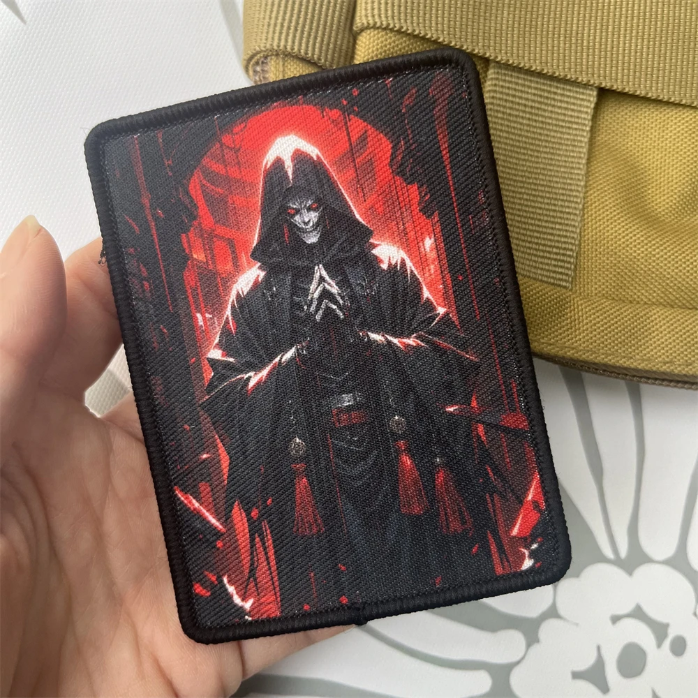 Parche táctico de moral de mago esqueleto, brazalete militar, parches de gancho y bucle impresos, pegatina para mochila de ropa