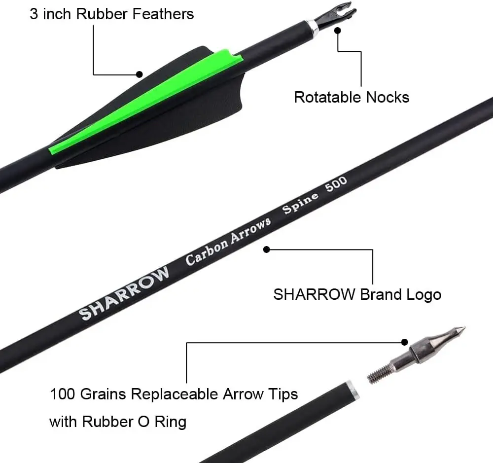 ID 6,2mm tiro con arco flecha de carbono 6/12/24 Uds 31,5 pulgadas Spine500 flecha 100 puntos de grano arco tiro al aire libre práctica de caza objetivo - imagen 3