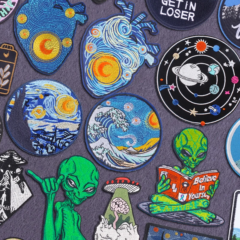 Parche bordado de extraterrestre de cielo estrellado/parches para planchar con apliques para ropa, parches termoadhesivos para coser DIY/insignias fibles
