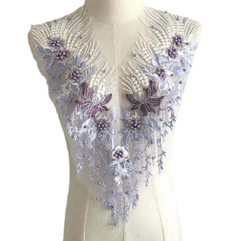 Corpiño de diamantes de imitación con cuentas, adornos y apliques, parches de costura, parche bordado de encaje de flores 3d para vestido de fiesta, 31x53CM - imagen 3