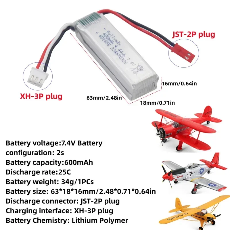 (Enchufe JST) Batería de iones de litio de 7,4 V 600 mAh 25C con cargador para aviones XK K130 RC, accesorios de juguete modelo de avión planeador - imagen 2