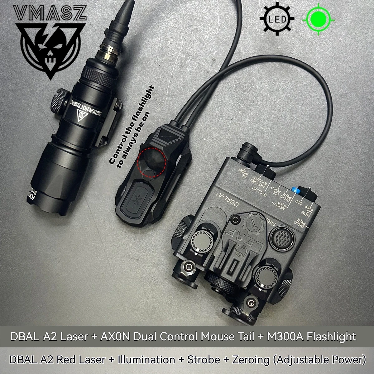 DBAL A2 punto rojo verde láser Surefi M300 M600 linterna presión caza Airsoft luz para riel de 20mm AXON rata cola Set