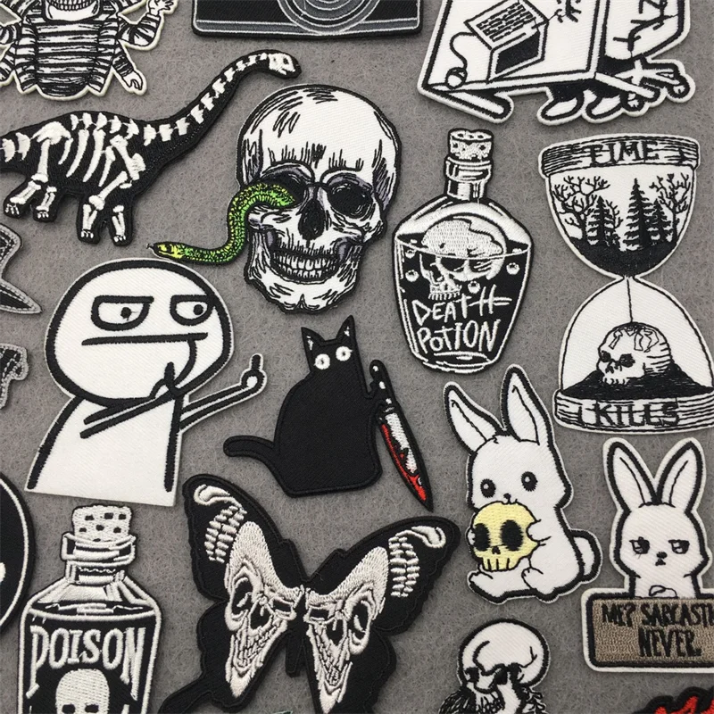 Parches bordados de chaqueta Punk para ropa, parches termoadhesivos para ropa, blanco y negro - imagen 2