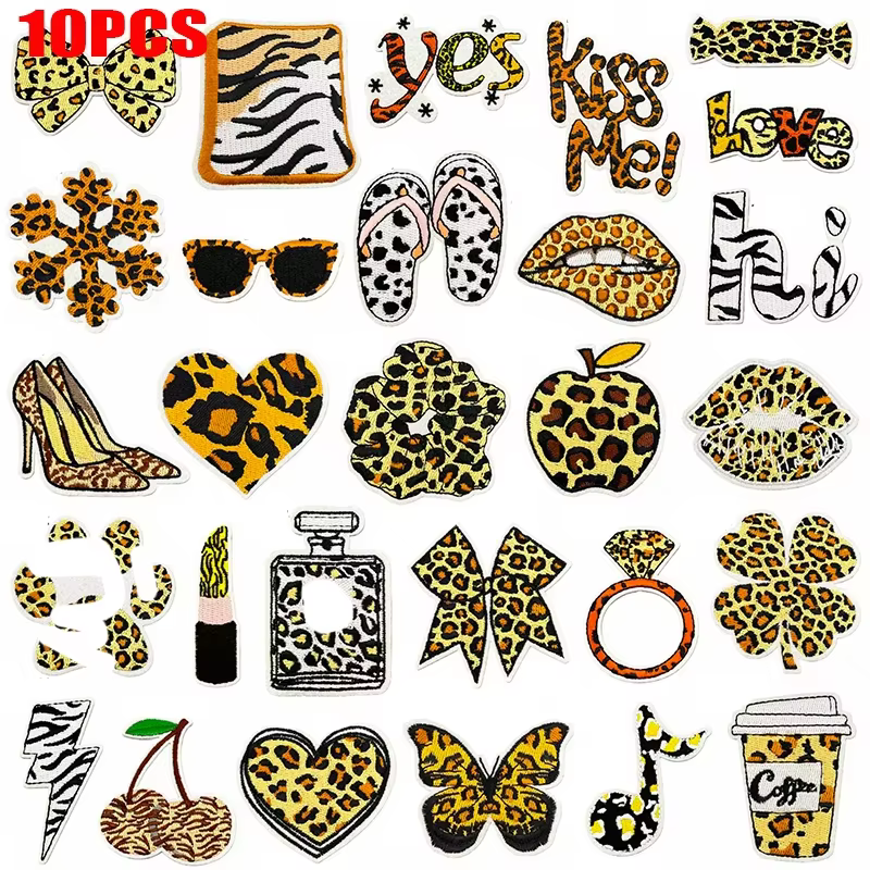 Parche termoadhesivo bordado leopardo retro labios y corazón