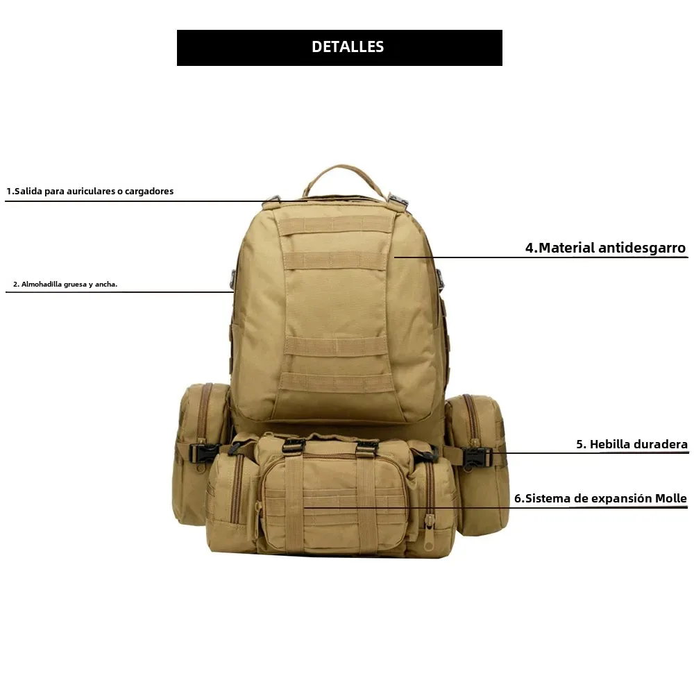 Mochila táctica de nailon Molle de alta capacidad de 55L, mochilas militares de asalto, Camping, caza, deporte, viajes, senderismo, bolsa militar al aire libre - imagen 3