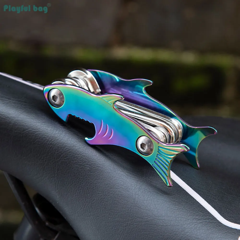 EDC-Herramienta colorida para bicicleta con forma de tiburón, llave multifunción, abridor de botellas, destornillador de reparación de emergencia para exteriores, conjunto combinado ATA21 - imagen 2