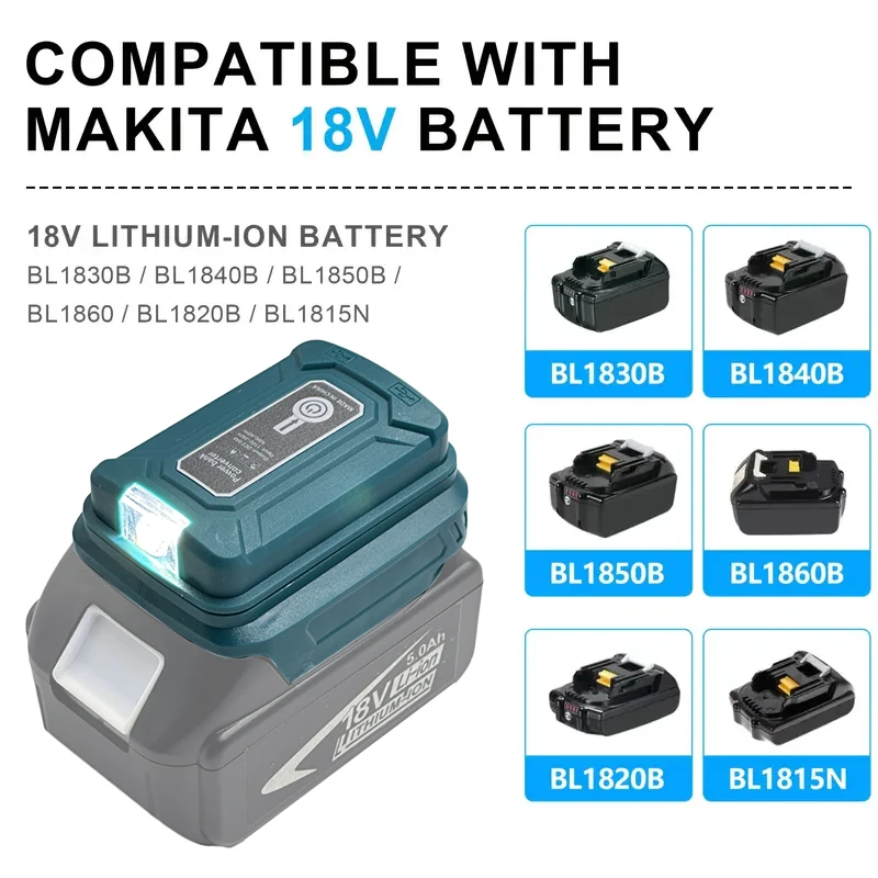 Adaptador de luz LED portátil para batería de litio Makita de 14,4 V/18V BL1830 BL1430 BL1850 convertidor USB Dual con lámpara LED para Makita - imagen 5