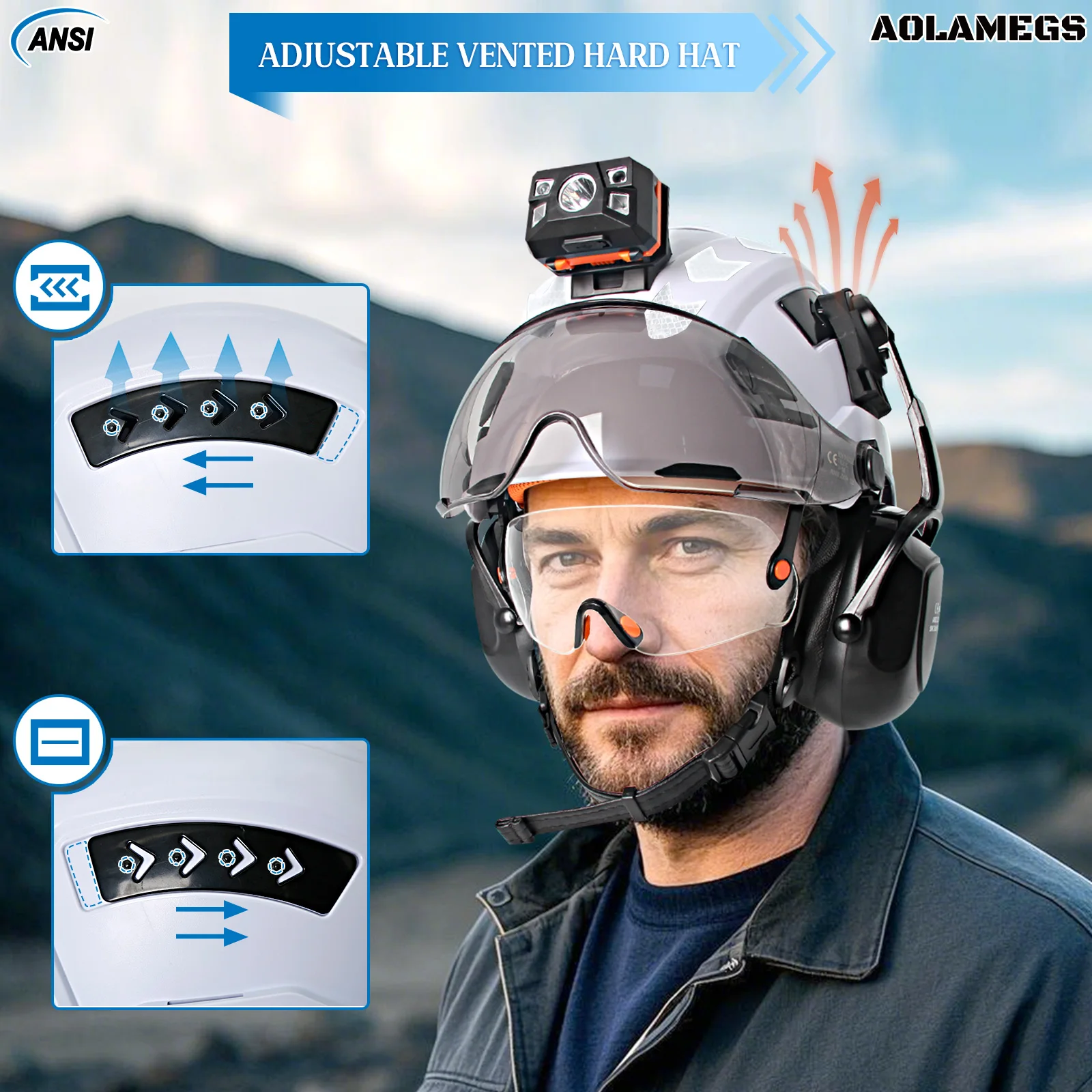 Casco de seguridad para construcción CE con gafas dobles, orejeras, pegatinas reflectantes, casco de ingeniero transpirable deslizante ANSI - imagen 3