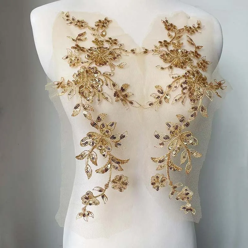 1 par/33*13,5 CM flor dorada brillo Apliques de encaje tubo bordado de lentejuelas con cuentas, apliques de corpiño parche de costura para decoración de vestido - imagen 4