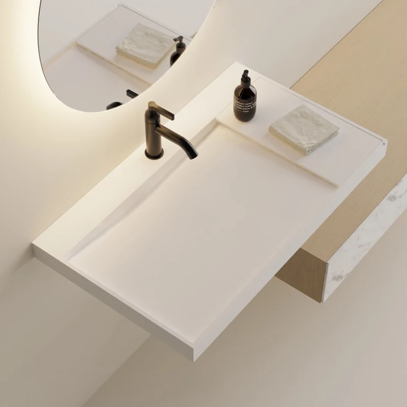 Lavabo integrado de piedra artificial blanca, lavabo, lavabo, balcón, colgante de pared para el hogar pequeño - imagen 4