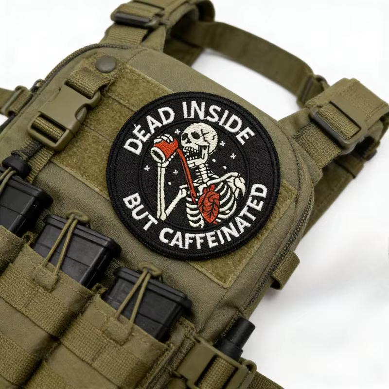 Parche táctico bordado esqueleto muerto por dentro con cafeína velcro - imagen 5