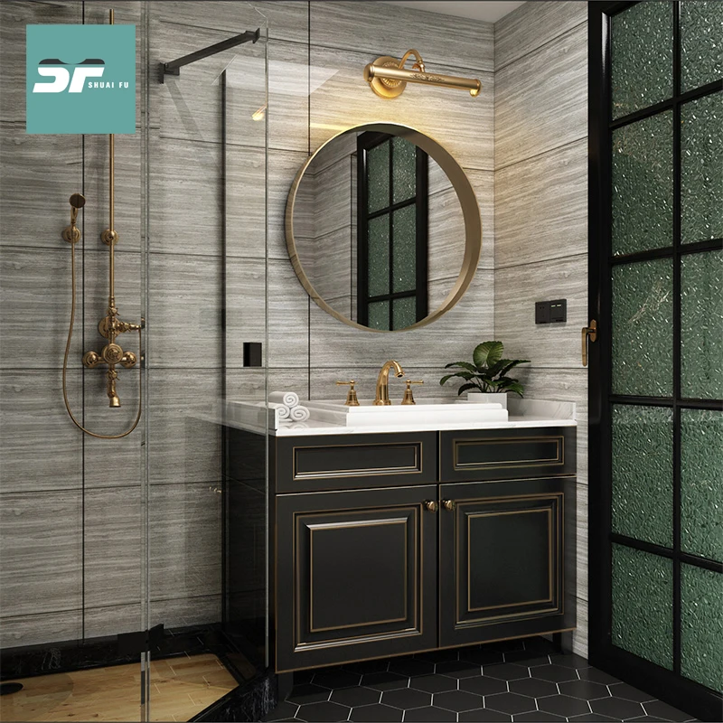 Mueble de baño de roble moderno de lujo ligero, placa de roca, suelo de baño, lavabo de mano, mueble de piscina, lavado personalizado - imagen 4