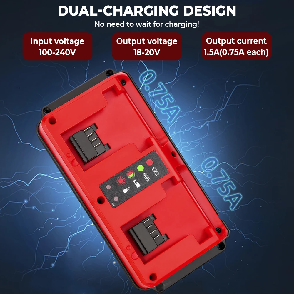 Reemplazo de cargador de batería rápido para batería de litio Milwaukee de 18V, puerto dual, cargador rápido de iones de litio multivoltaje de 90W - imagen 5