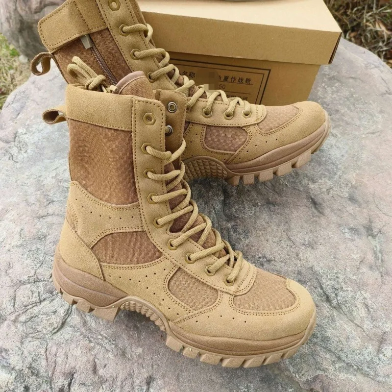 Novedad de verano, botas de combate de cuero marrón con cremallera de malla transpirable para escalada al aire libre, zapatillas de entrenamiento de seguridad ultraligeras - imagen 4
