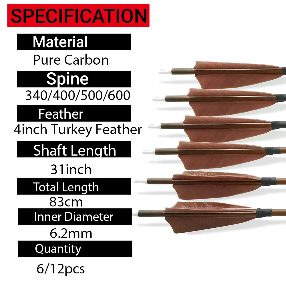 6/12/24pc 32,6 "tiro con arco flecha de carbono puro columna vertebral 340/400/500/600 ID6.2mm flecha de carbono arco compuesto recurvo tiro deporte al aire libre - imagen 2