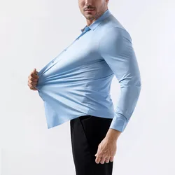 Camisa de negocios lisa sin hierro, camisa de manga larga elástica de 4 vías para hombre, Tops sedosos sin arrugas, camisas de vestir informales con elasticidad superior