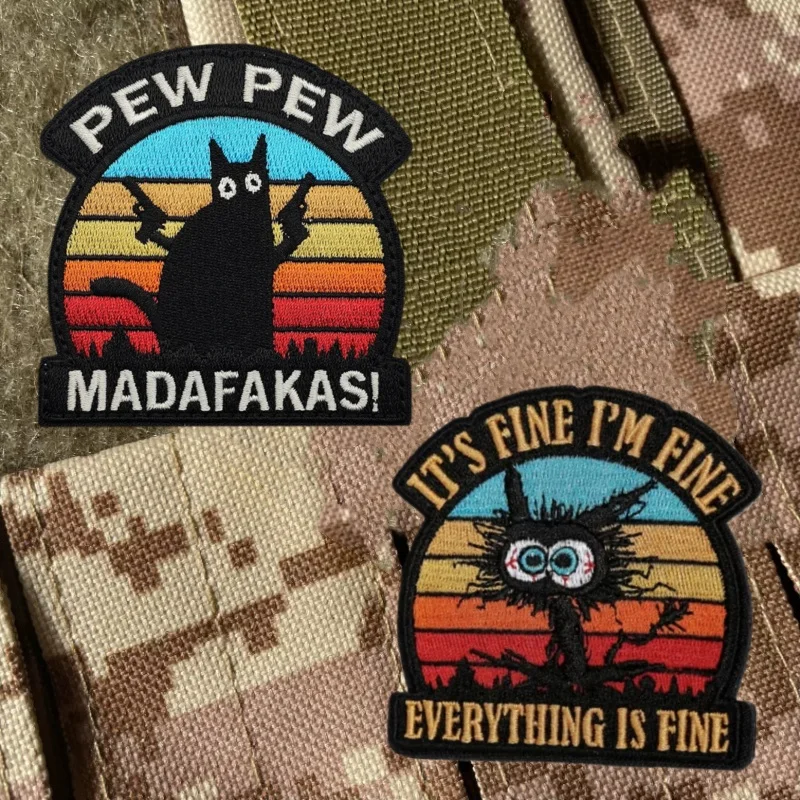 PEW PEW Madafakas AKA gato negro impresión táctica insignia de moral parche gatos parches bordados para ropa mochila gancho pegatina - imagen 3