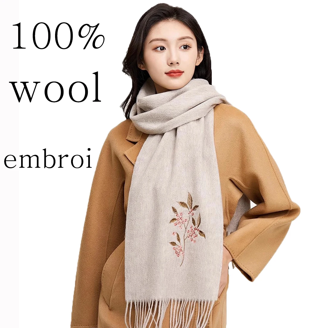 100% bufanda de lana pura tejido térmico de lujo respetuoso con el medio ambiente diseño bordado de China accesorios de ropa decoración regalo suave mujer chica