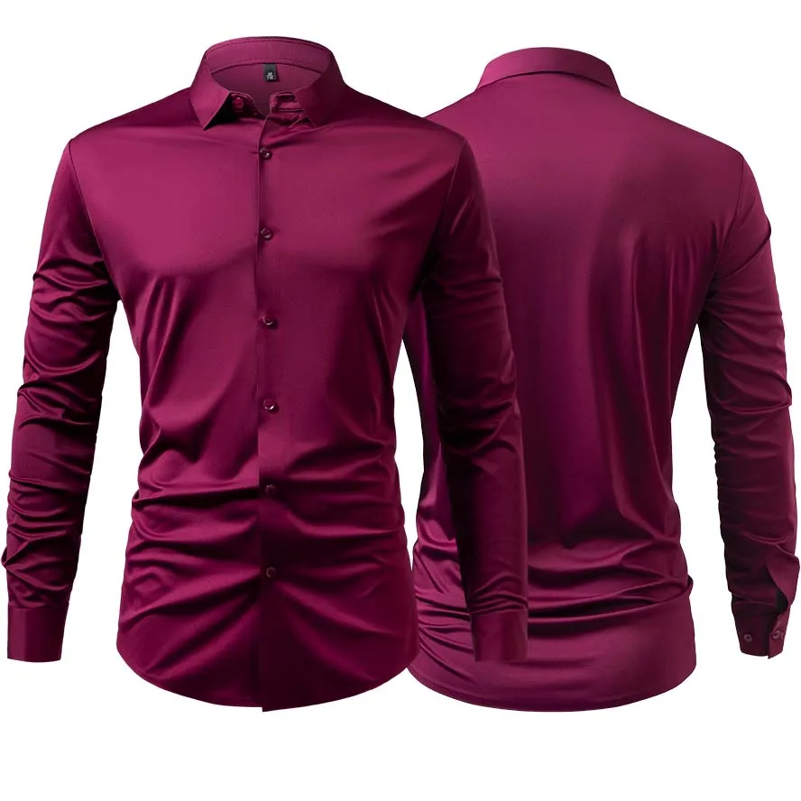 Camisas elásticas de manga larga para hombre, ropa de negocios sin planchar, ropa de trabajo de lujo, sin arrugas, camisa con cuello levantado, camisa informal sólida - imagen 4