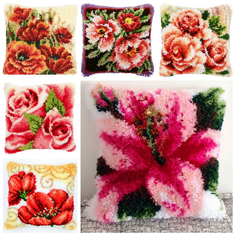 Kit de gancho de pestillo de la serie de flores clásicas, Juego de paquete de almohada de nudo Diy, costura de cojín de flor de peonía rosa, Kit de gancho de pestillo de funda de almohada