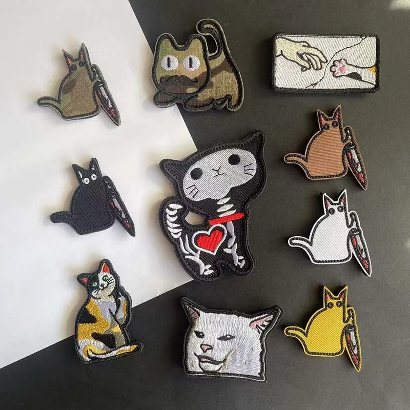 Meme cuchillo gato insignias divertidas apliques de tela pegatinas de ropa bordadas, parches tácticos con gancho y bucle para mochila, sombrero - imagen 2