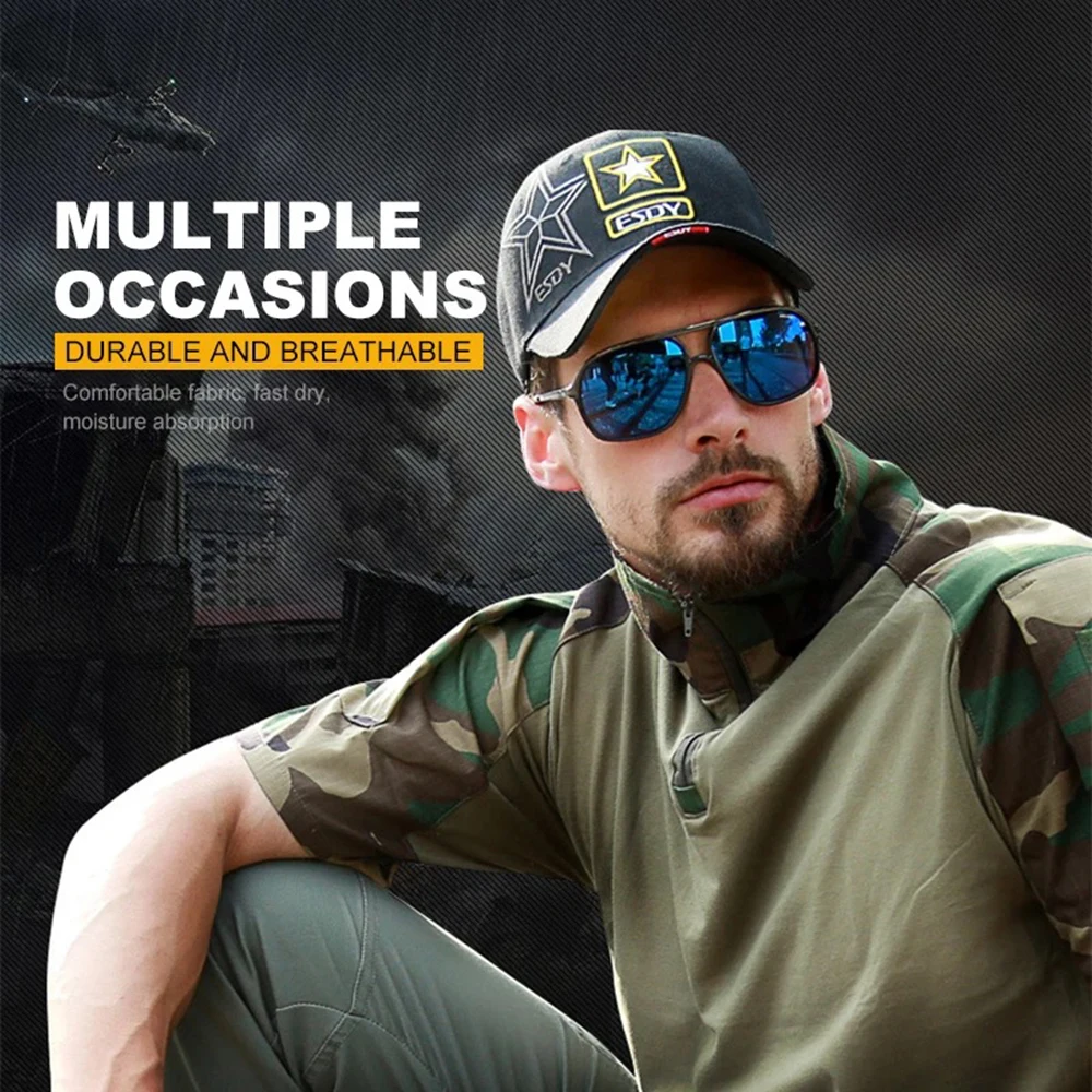 Un hombre con un sombrero de camuflaje y gafas de sol