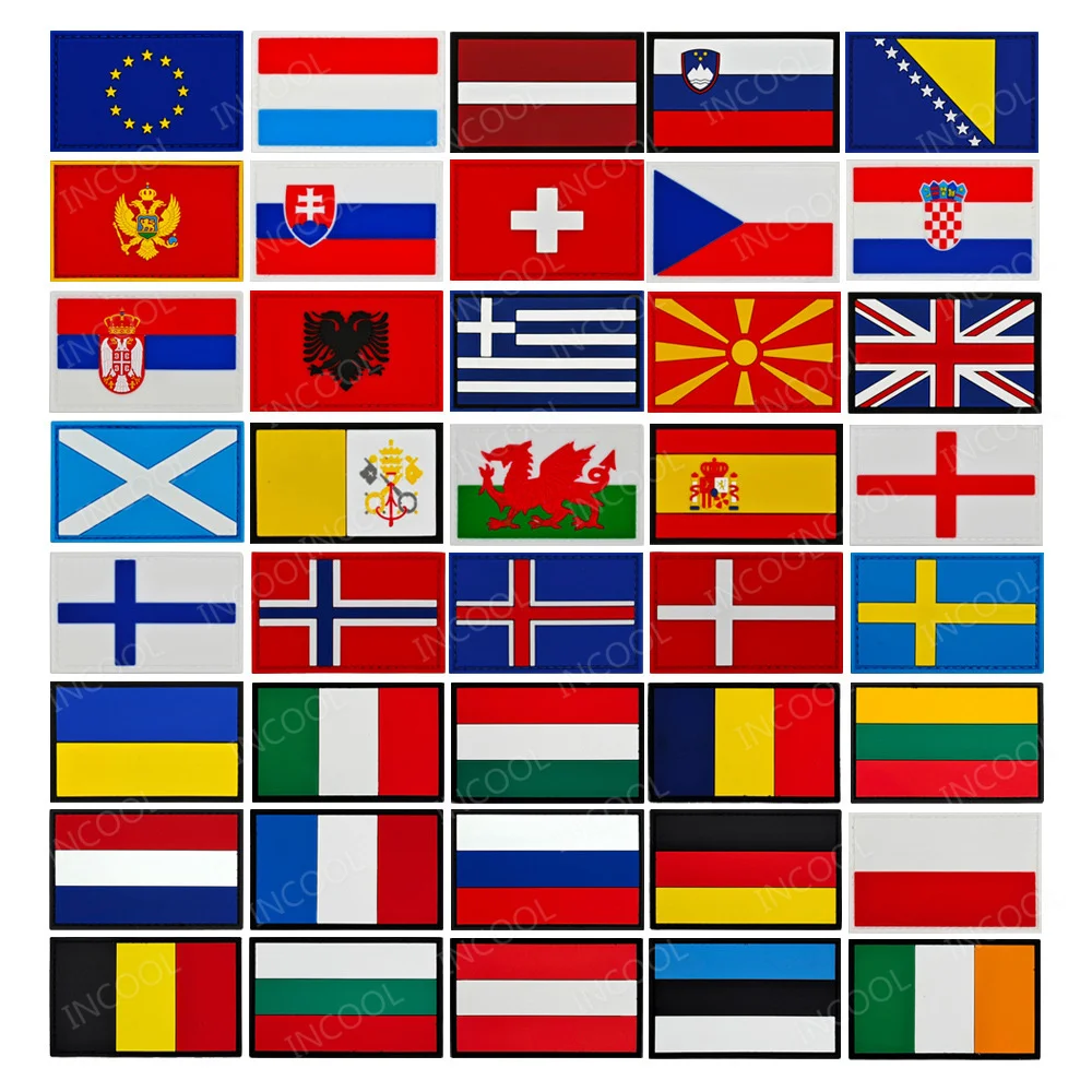 Europa España Polonia Grecia Austria Francia Italia Rusia Serbia Eslovaenia Letonia Alemania Eslovaquia Bélgica Parches de bandera de goma de PVC