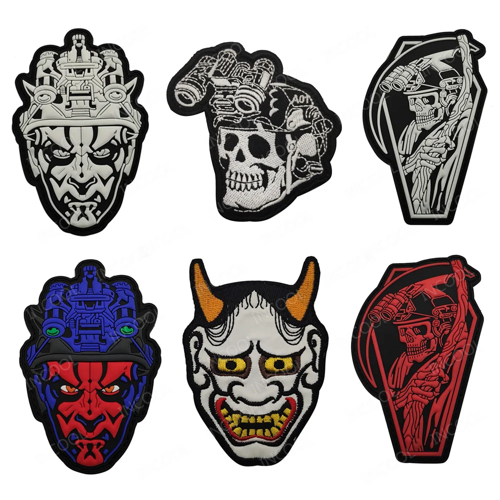Parches de PVC de goma para máscara de diablo japonesa, bordado de calavera de Dios de la muerte, brazalete decorativo para hombro, aplique para chaqueta