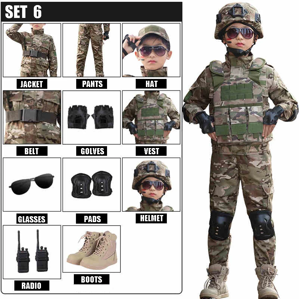 Conjunto de uniforme de entrenamiento táctico militar para niños y niñas, Top de camuflaje, pantalones, traje con equipo de combate, disfraz de fuerzas especiales para chico