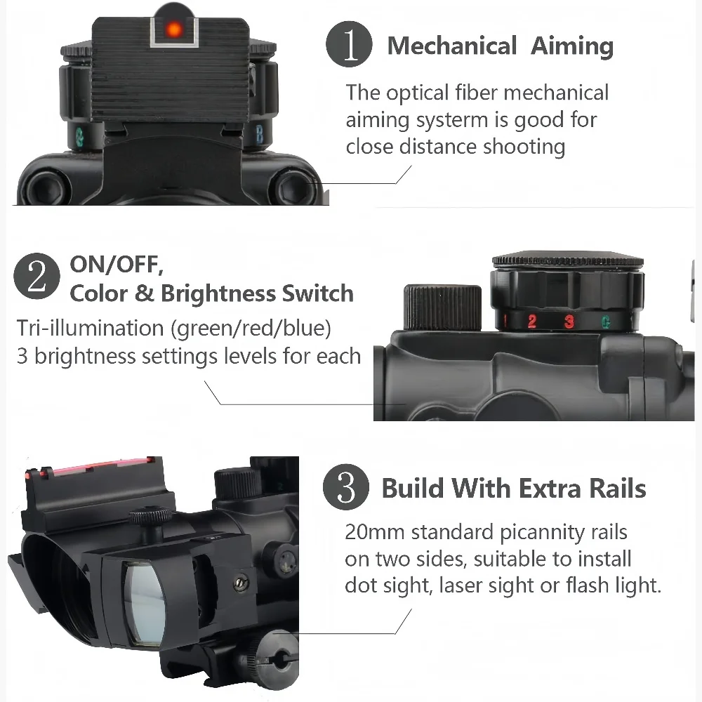 Mira telescópica para Rifle táctico con prisma 4x32, mira de retícula iluminada roja, verde y azul con mira de fibra óptica - imagen 5