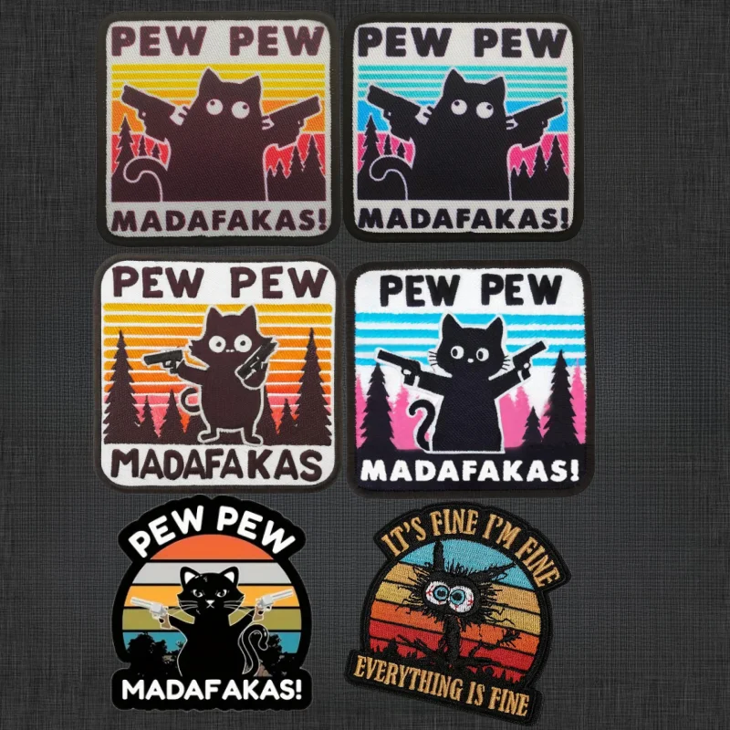 Parches tácticos Pew Madafakas, parche bordado divertido con gancho y bucle, doble lanza militar, insignia de moral de gato negro, pegatinas para mochila - imagen 2