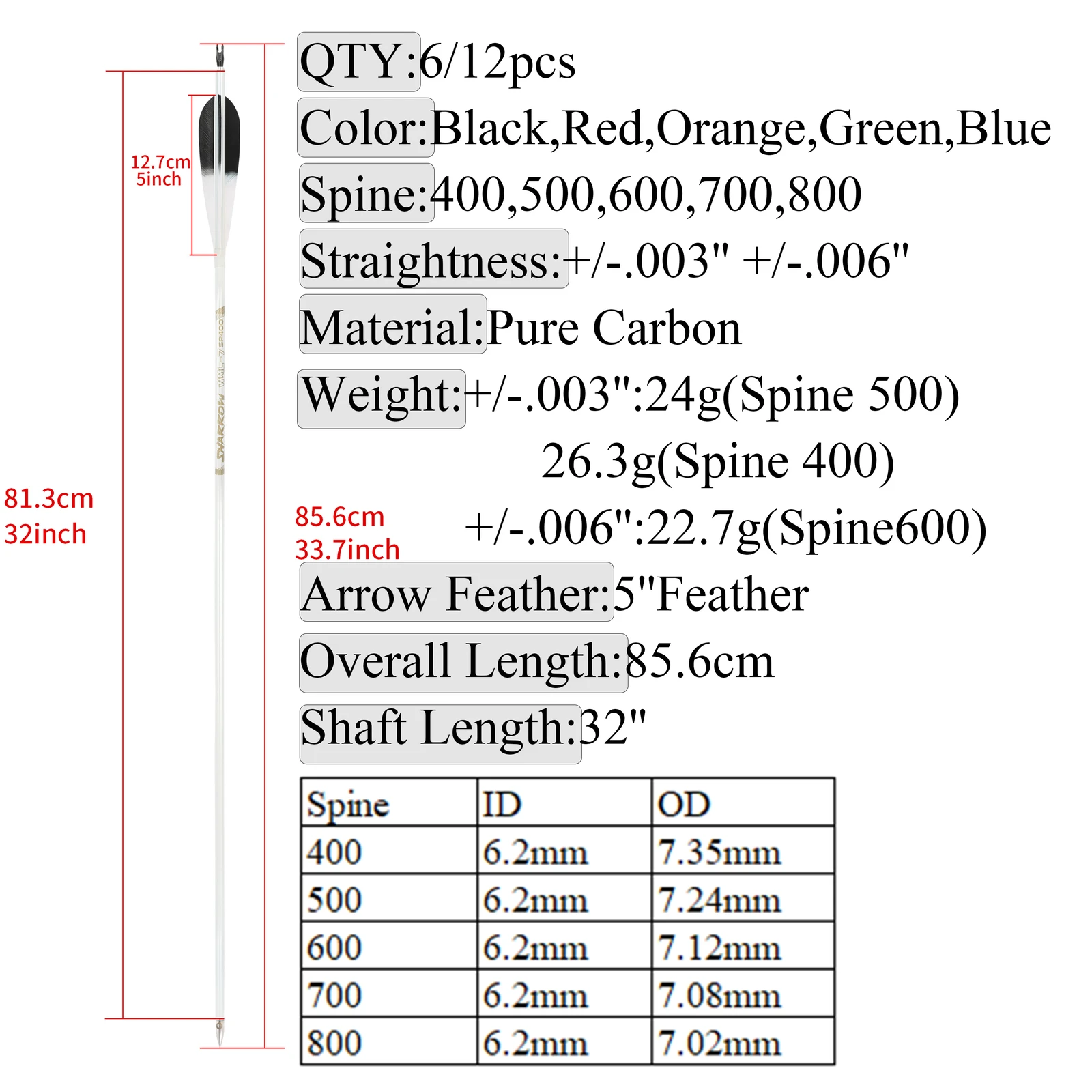Flechas de carbono puro de 33,7 ", columna vertebral 400/500/600/700/800 ID6.2mm para arco, tiro con arco al aire libre, caza, tiro, objetivo, flecha de práctica, 6/12 unidades - imagen 3