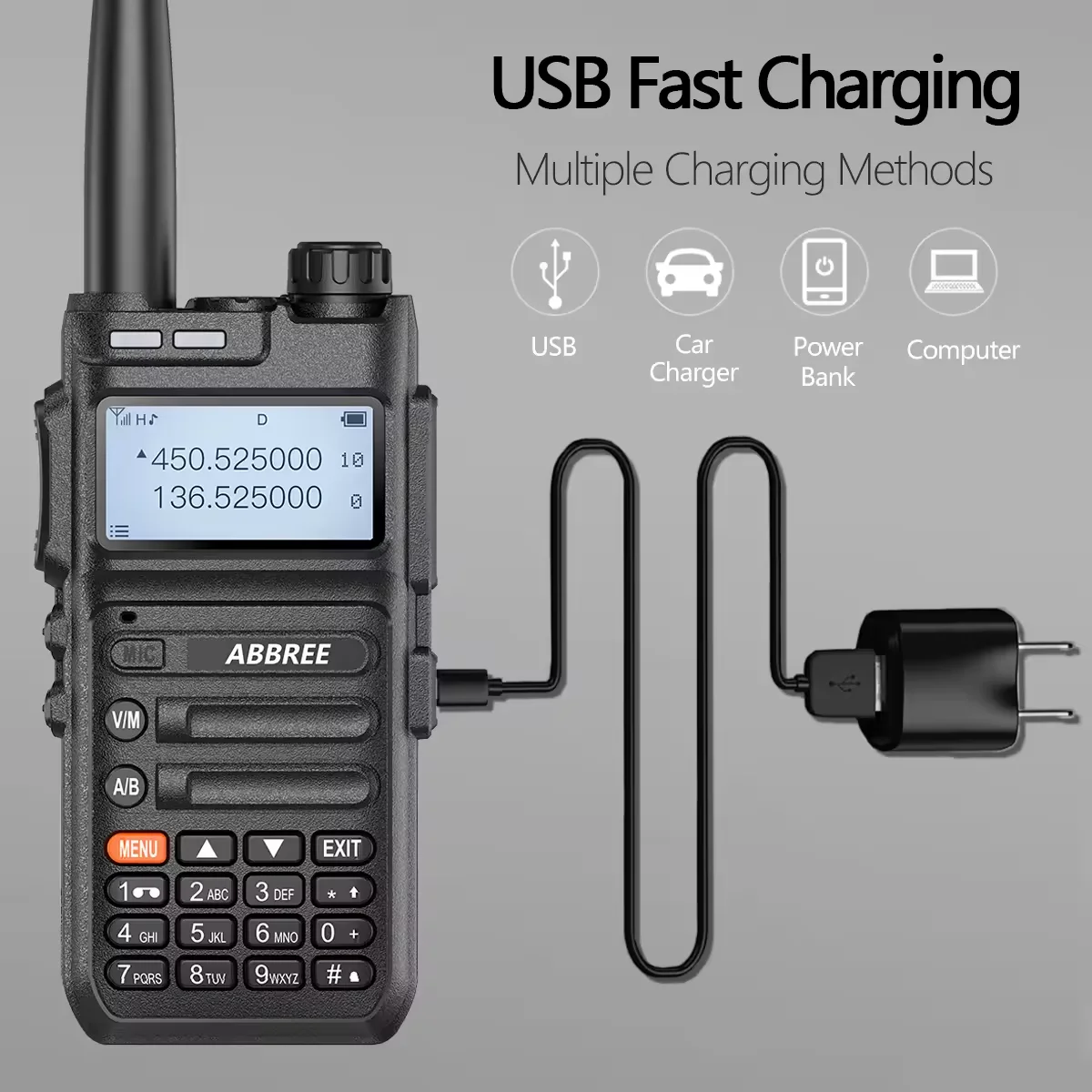 ABBREE AR-F5 copia inalámbrica frecuencia NOAA Walkie Talkie banda completa cargador USB de largo alcance alta potencia de mano para viajes - imagen 4