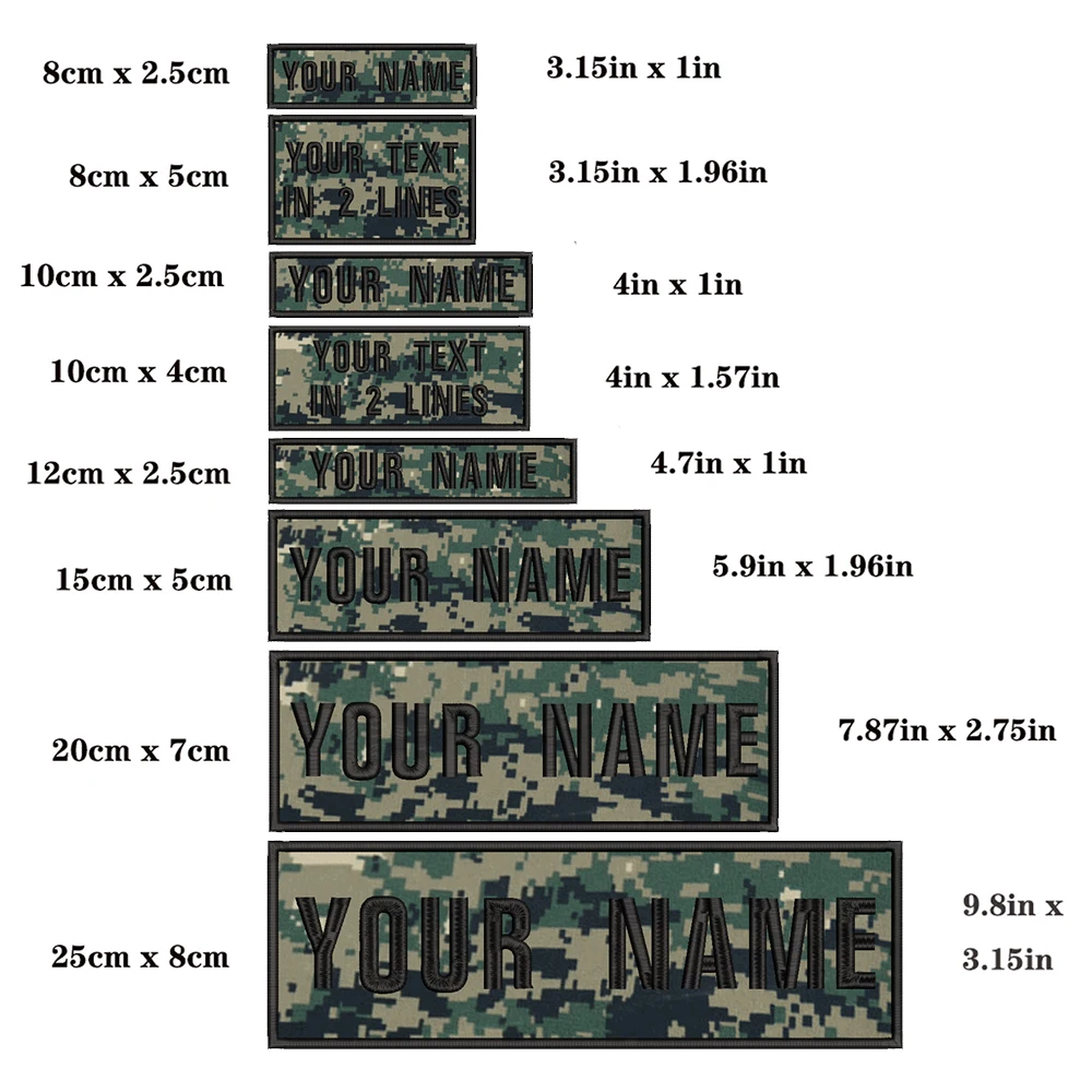 Parche de rayas con nombre personalizado, insignia de 10x2,5 cm, 8x5cm, 10x4cm, 8x2,5 cm, 12x2,5 cm, 15x5cm, 20x7cm, gancho de camuflaje, 1 unidad