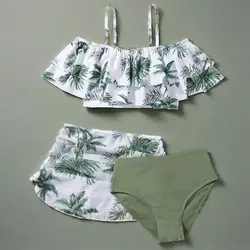 Conjuntos de Bikini para niñas de 8 a 12 años, ropa de playa refrescante para vacaciones, 3 unidades/juego, traje de baño estampado para niños, Top con volantes y falda corta