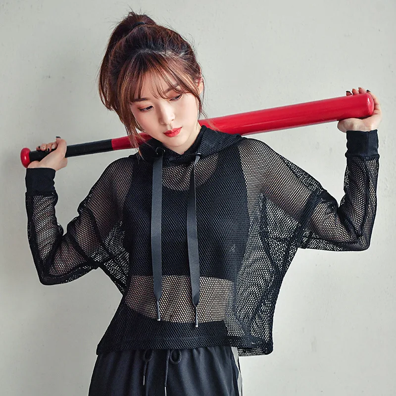 Nueva camiseta deportiva Sexy para mujer, informal, holgada, para Fitness, Yoga, Top de malla transparente, chaqueta de manga larga con capucha para mujer - imagen 3