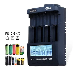 OPUS BT-C3100 Cargador inteligente 4 ranuras LCD baterías recargables