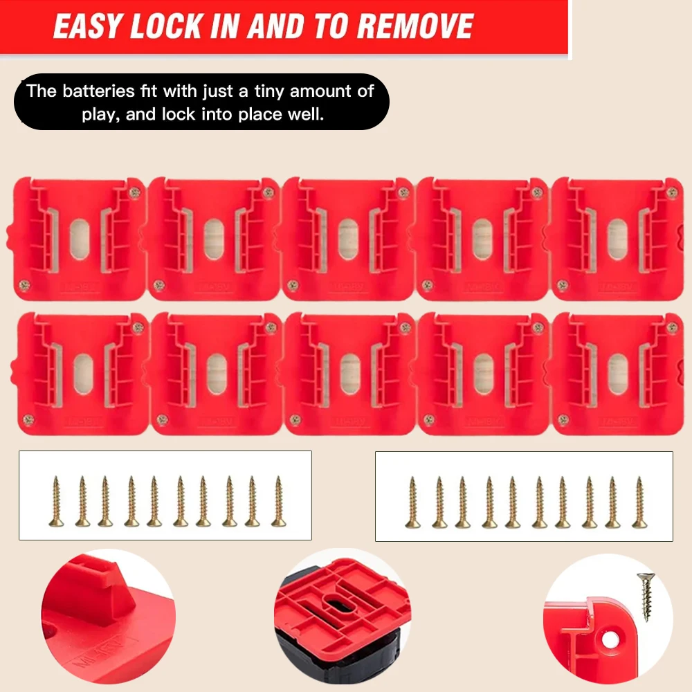 Soporte de batería para Milwaukee, estante de almacenamiento de batería de iones de litio de 14,4 V y 18V, soporte de herramienta de montaje en pared, 10 Uds.