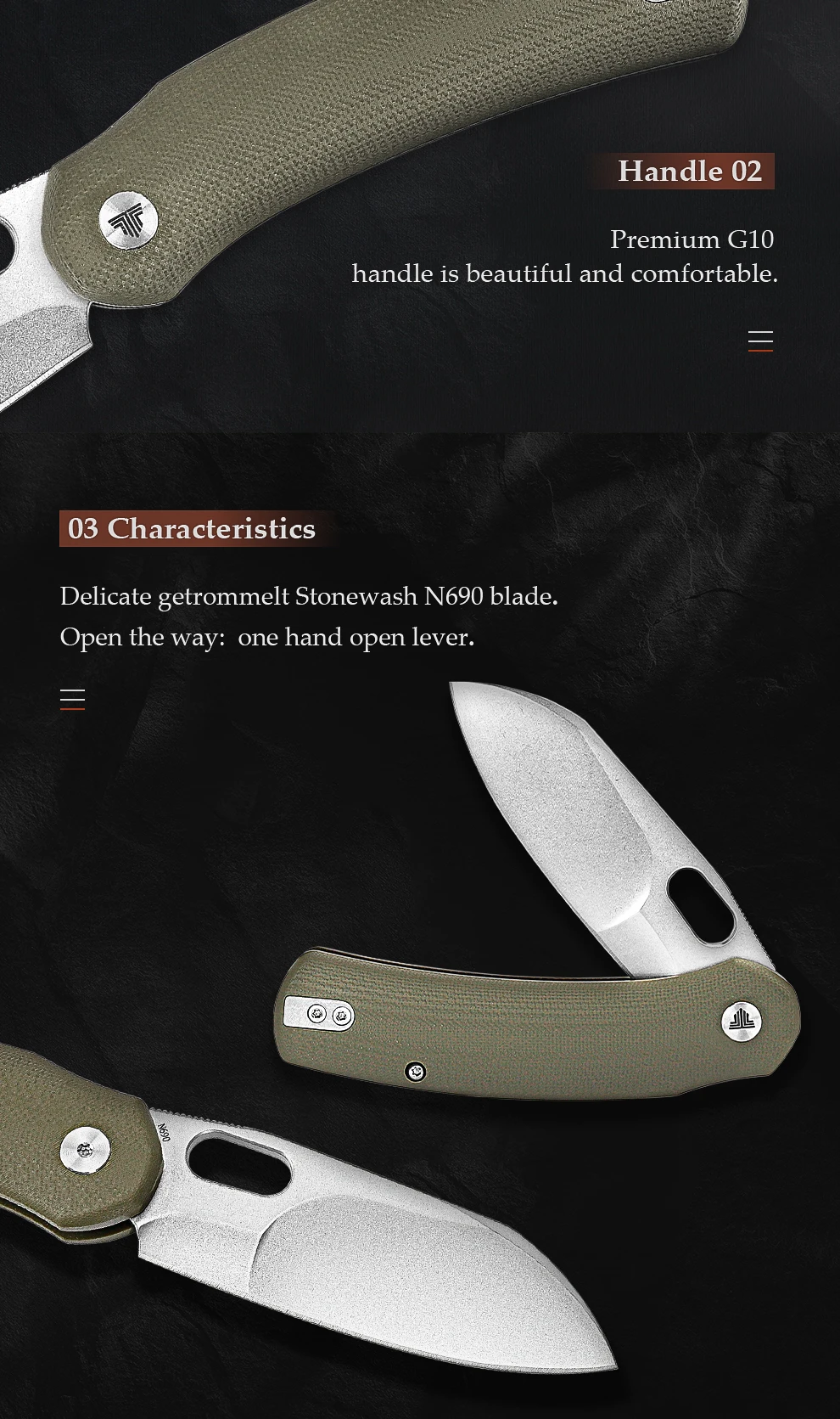 Vista lateral del cuchillo TRIVISA Lamb-03G con acabado stone washed