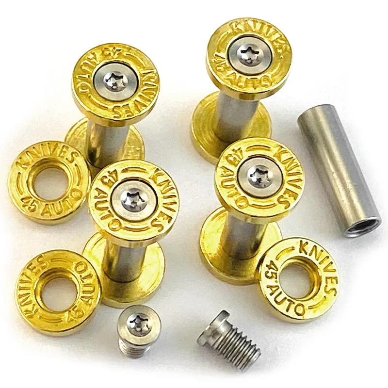 10 set/lote estilo imprimación de latón '45 cuchillos automáticos' cuchillo con logotipo M4 par de hilos tornillo de bloqueo T8 Torx cabeza de botón remache husillo clavo
